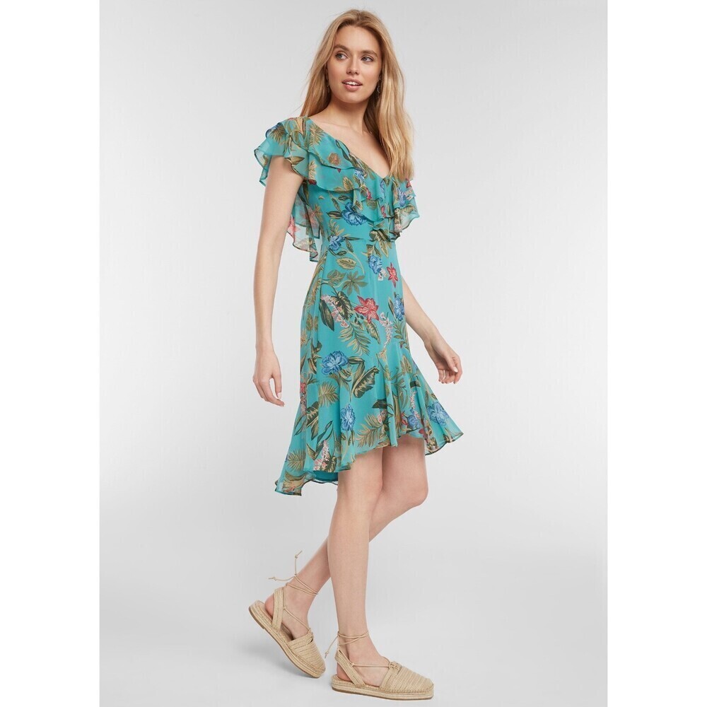 WAYF Chelsea Ruffle High/low Dress In Teal Tropical size XS